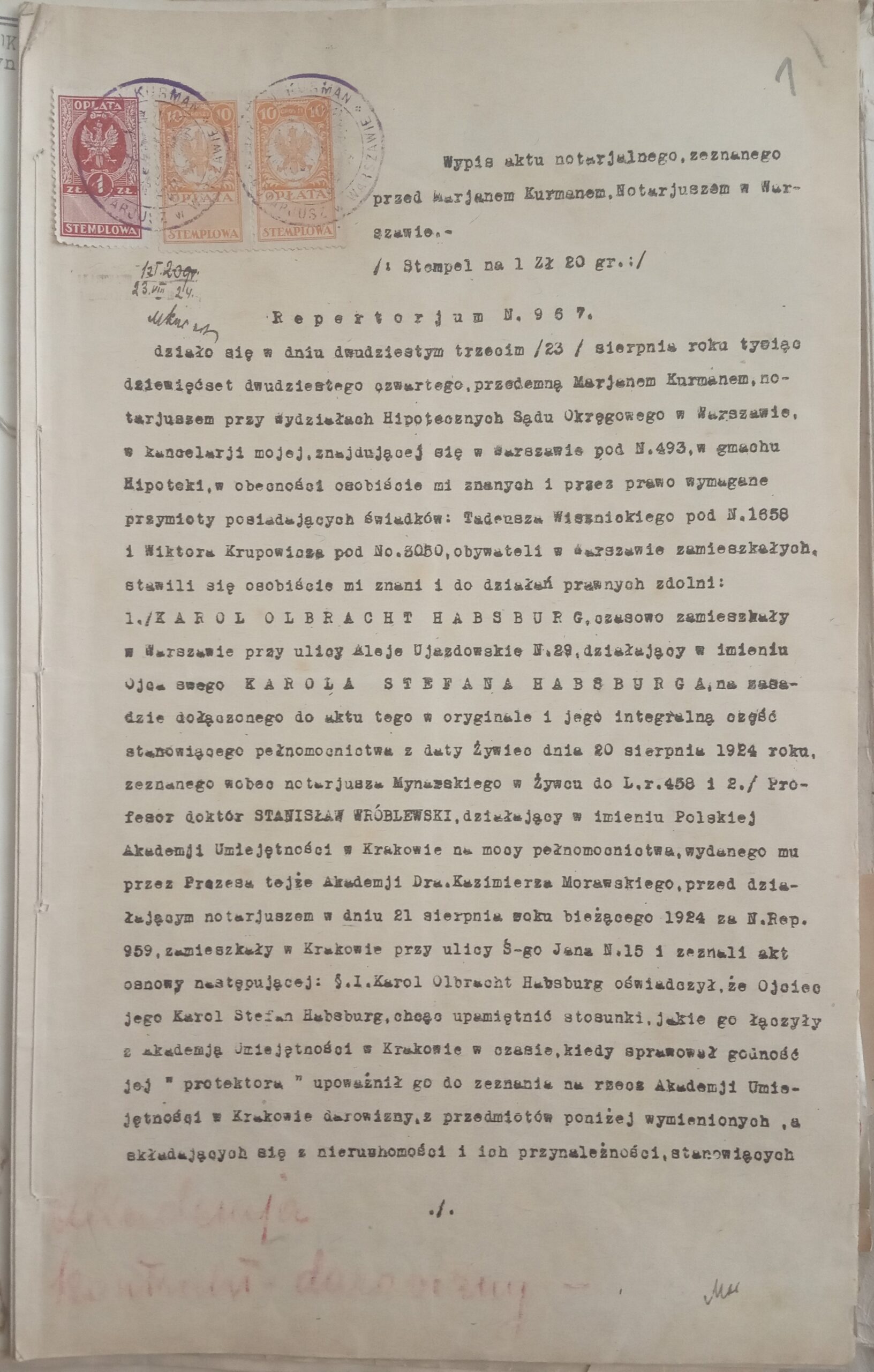 Pierwsza strona odpisu aktu darowizny z 1924 r., sporządzonego pomiędzy Karolem Stefanem Habsburgiem a Polską Akademią Umiejętności